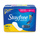 STAYFREE Ultra Thin Regular Pads For Women, Wingless, Reliable Protection and Absorbency of Feminine Moisture, Leaks and Periods, 44 count