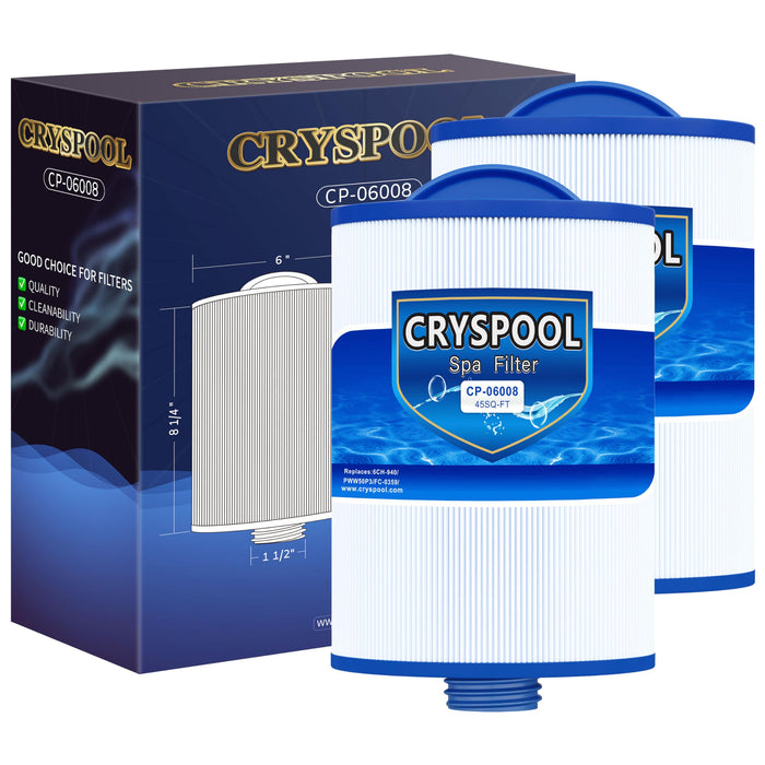 Cryspool® 06008 Filter Compatible with 6CH-940, PWW50P3 (NOT PWW50P4), FC-0359, Viking Spa Hot Tub Filter, 45 Sq. Ft Spa Filter Cartridge, 2 Pack