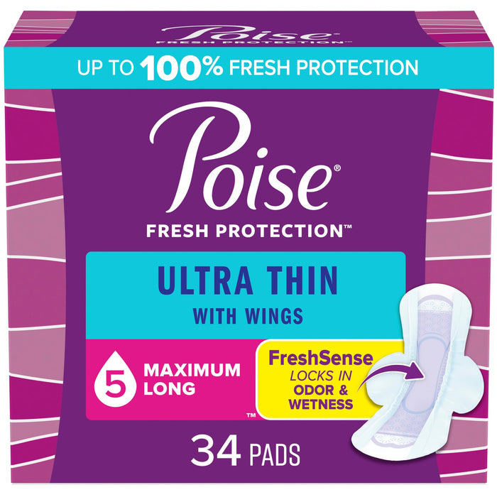 Poise Ultra Thin Incontinence Pads with Wings & Postpartum Incontinence Pads, 5 Drop Maximum Absorbency, Long Length, 34 Count, Packaging May Vary