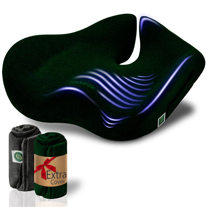 Pressure Relief Seat Cushion for Tailbone Pain – X Large Office Chair Cushion for Butt, Back Pain, Coccyx & Sciatica Pain Relief Pillow. Memory Foam Seat Cushions for Office Chairs. Extra Cover(Green)