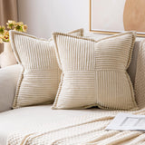 MIULEE Beige Corduroy Pillow Covers 12x12 inch with Splicing Set of 2 Super Soft Boho Striped Christmas Pillow Covers Broadside Decorative Textured Throw Pillows for Couch Cushion Livingroom