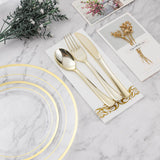 175PCS Clear Gold Disposable Dinnerware Set (25 Guests), Plastic Plates for Party, Wedding, Include: 50Plastic Plates, 25 Gold Silverware, 25 Cups, 25 Napkins