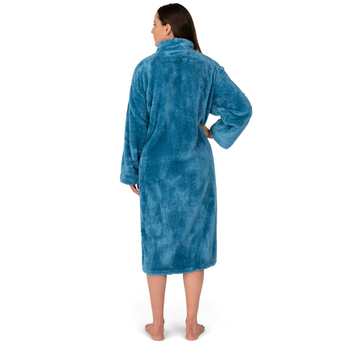 PAVILIA Womens Housecoat Zip Robe, Sherpa Zip Up Front Robe Bathrobe, Fuzzy Warm Zipper House Coat Lounger for Women Elderly with Pockets, Fluffy Fleece Long Plus Size, Teal Sea Blue (2X/3X)