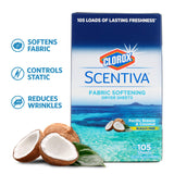 Clorox Scentiva Fabric Softening Dryer Sheets, 105 Sheets per Pack, Pacific Breeze & Coconut Scent | Bleach-Free Fabric Softener Sheets for Static Control and Reduce Wrinkles (6 Pack)