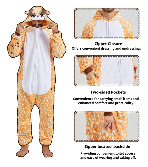 QUCH Adult Onesie Costume-Unisex Animal Onesies for Adults Halloween Costume, Halloween Onesie Adult Onesie Pajamas for Women Deer S