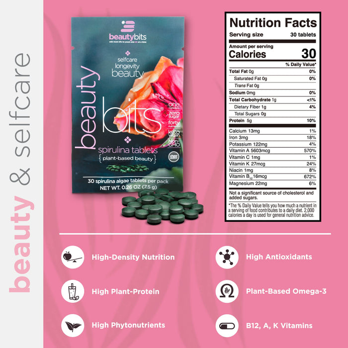 ENERGYBITS BEAUTYbits Pure Spirulina Algae Tablets, Superfood Tablets, Pure Blue Green Algae, High Protein, Chlorophyll, Non-Irradiated, for Healthier Skin, Hair, and Nails, Non-GMO, 60 Tablets