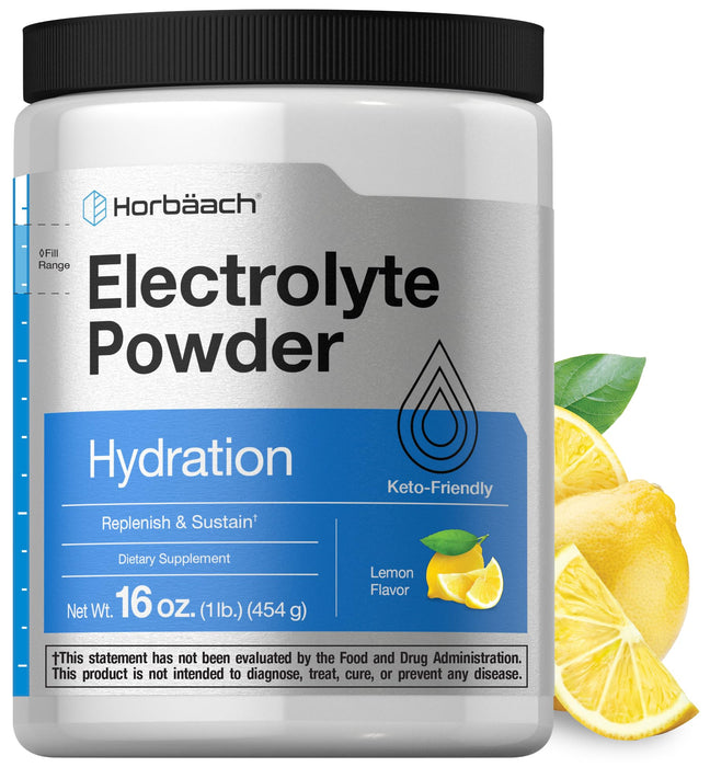 Horbäach Electrolytes Powder | 16 oz | 130 Servings | Hydration Supplement | Vegetarian | Keto-Friendly | Non-GMO, Gluten Free Formula | Lemon Flavor