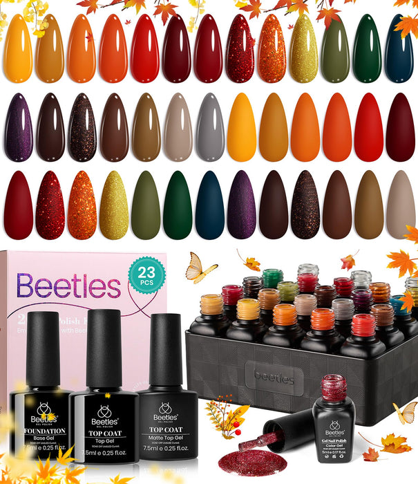 beetles Gel Polish Nail Set 20 Colors Cozy Campfire Collection Orange Yellow Green Brown Fall Gel Polish Set Soak Off Uv Lamp Need Base Glossy & Matte Top Coat Manicure Kit Gift for Girls