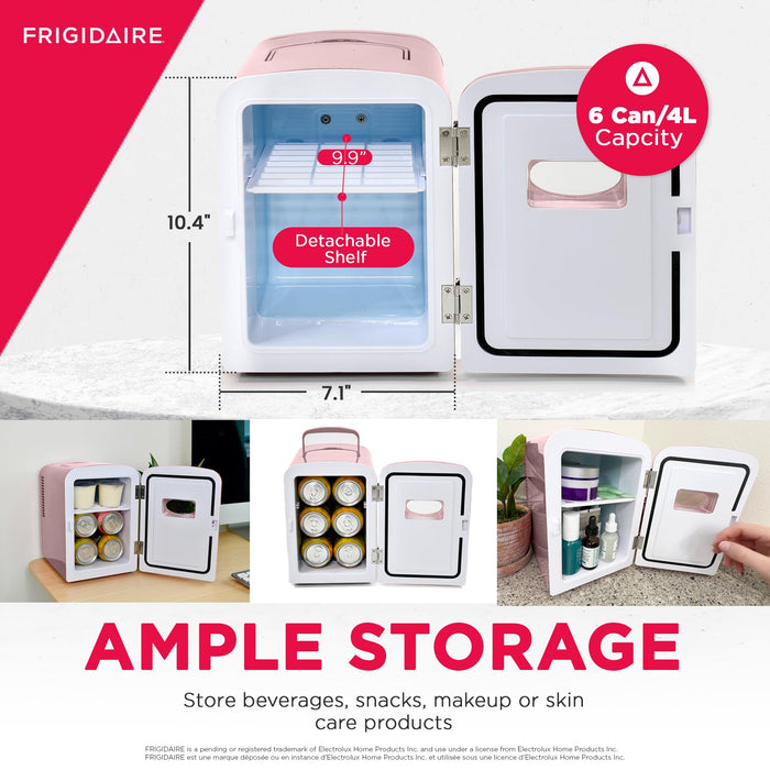 Frigidaire Retro Mini Fridge Cooler, 4L Capacity Chills 6 12oz Cans, 100% Freon-Free & Eco Friendly, Portable Fridge for Car, Office, Bedroom, Dorm Room, or Cabin - 9.84"D x 7.09"W x 10.35"H (Pink)