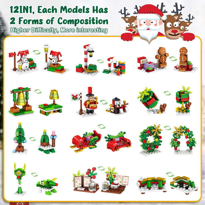 Advent Calendar 2024, 24 Boxes of Christmas Countdown Advent Calendars, 12-in-1 Christmas Tree and Street Building Blocks Set, For Children Teens Boys Girls Women Men Holiday Gift Ideas