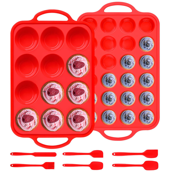 AOTASO 8 Pcs Silicone Muffin Pan Set, 12 Cup Regular & 24 Cup Mini Nonstick Muffin Tray with 6 Pcs Utensils, Silicone Muffin Pan for Baking with Metal Reinforced Frame, BPA Free (Red)