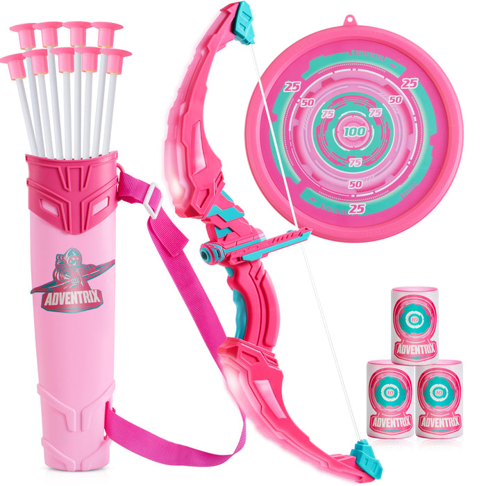 JOYIN Pink Bow and Arrow Set for Girls, LED Light Up Archery Toy Set with 9 Suction Cup Arrows, Target & Arrow Case, Christmas Indoor Outdoor Activity Toy for Kids Girls Ages 3-12