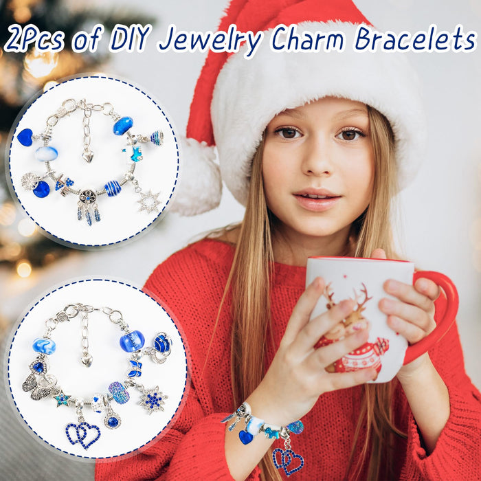 Advent Calendar Charm Bracelets 2024 for Girls, 24 Days Christmas Countdown Calendar DIY Bracelets Jewelry Making Kit with Blue Charm Beads Xmas Gift for Girls Kids Teens Adults