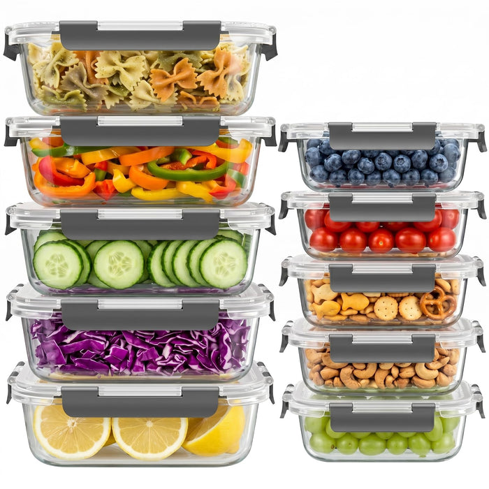 10 Sets 36 oz & 12 oz Glass Food Storage Containers with lids, Gray