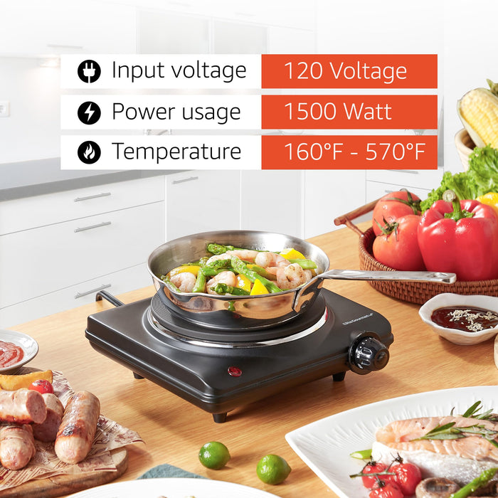 Elite Gourmet ESB-301BF# Countertop Single Cast Iron Burner, 1000 Watts Electric Hot Plate, Temperature Controls, Power Indicator Lights, Easy to Clean, Black