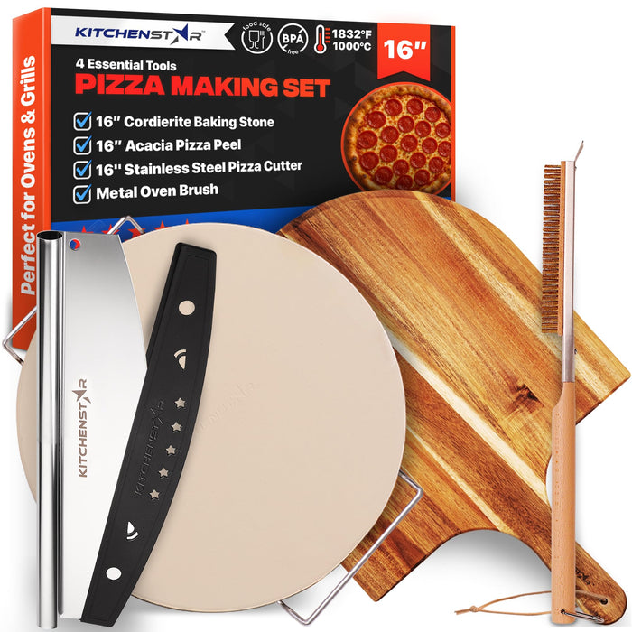 KitchenStar 16-inch Pizza Making Set, 4 Essential Tools - Pizza Stone + Stainless Steel Rack, Acacia Wood Pizza Peel, Pizza Cutter Rocker + Protective Cover, Metal Brush - Oven & Grill Accessories Kit