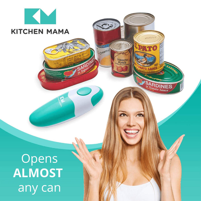 Kitchen Mama Auto Electric Can Opener: Open Your Cans with A Simple Press of Button - Automatic, Hands Free, Smooth Edge, Food-Safe, Battery Operated, YES YOU CAN (Teal)