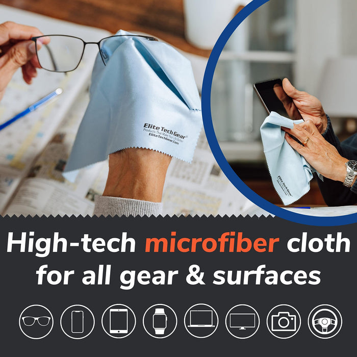 Elite Tech Gear Microfiber Cloth - 8-Pack, 12" x 12" Oversized Cleaning Cloths. Washable and Durable Microfiber Cleaning Cloth for Glasses, Lenses, Electronics and Screens. High Tech Quality Material