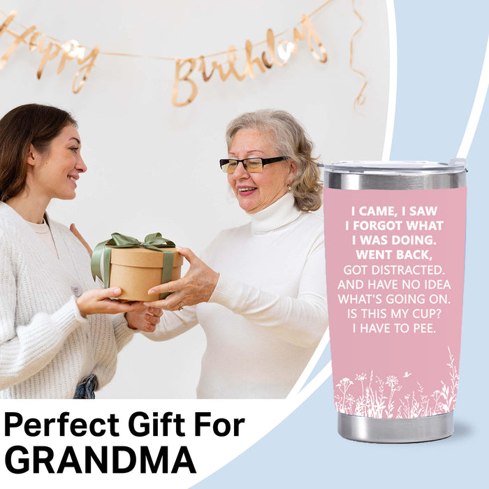 Eisfiel I Came I Saw I Forgot Tumbler, Funny Senior Citizens, 20 oz Tumbler with Lid, Stainless Steel Insulated Tumblers, Funny Sarcasti Gifts for Elderly Women Men-Pink