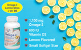 Cardiotabs Omega 3 Lemon Minis + Vitamin D3, 1,100 mg Omega-3 in Triglyceride Form and 600 IU Vitamin D3, Easy-to-Swallow, Fresh Lemon-Flavored Omega-3 Supplement Softgels - 180 count