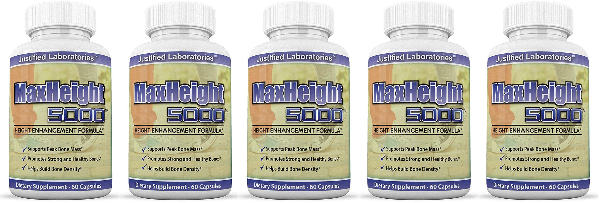 Justified Laboratories MaxHeight 5000 Height Enhancement Bone Growth Formula 60 Capsules 5 Bottles