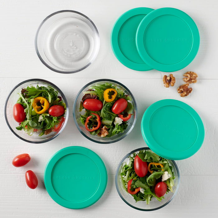 Anchor Hocking 2 Cup Glass Storage Containers with Lids, Set of 4 Glass Food Storage Containers with Mint SnugFit Lids