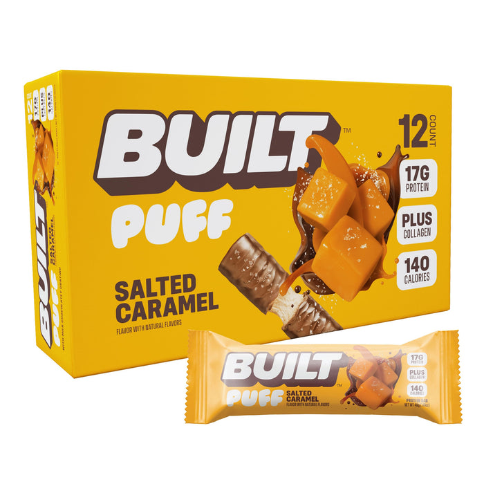 BUILT Puffs Protein Bars, Salted Caramel Puff, High Protein Bars, 17g High Protein Snacks, On-The-Go Bars, only 140 Calories, 6g Sugar, Collagen, Gluten Free, 12 Count