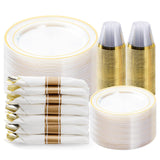 BESTVIP 350PCS Clear Gold Plastic Dinnerware Set, Disposable Party Plates for 50 Guests, Include: 100 Plastic Plates, 50 Pre Rolled Napkins with Silverware, 50 Cups