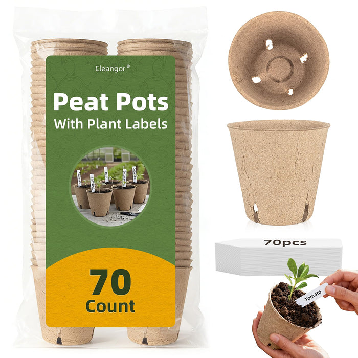 CLEANGOR 70Pcs Biodegradable 4” Peat Pots with 70Pcs Plant Labels, Biodegradable Seed Starter Pots with Drainage Holes, Nursery Pots for Seedlings, Herbs, Vegetables, Flowers, Gardening Kit