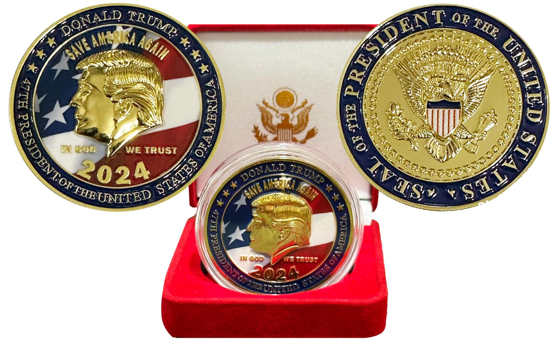 Donald Trump 2024 "Save America Again", 1oz, 45mm Gold Plated Challange Coin, American Flag Challenge Coin, and a Desk Display Case, Donald Trump Commemorative Challenge Coin Size 1.77"/45mm