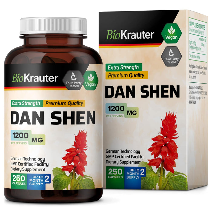 BIO KRAUTER Dan Shen Root Capsules - Organic Red Sage 1200 mg - Potent Antioxidant Source - Brain Health Support Supplement - Salvia Miltiorrhiza Root Pills - 250 Vegan Capsules