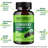 NATURELO Elderberry Gummies – Immune Support with Sambucus Elderberry + Vitamin C + Zinc – Certified Organic, 60ct