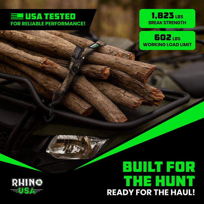 Rhino USA x Realtree Ratchet Straps Tie Downs (4PK) - 1" x15' (1,823lb Break Strength) - Ultimate Tie Down Straps with Safety S Hooks - for Trucks, Cargo, Moving, Appliances- Realtree APX Camo