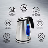 Elite Gourmet EKT-1271 Ultimate 1.7 Liter Electric Kettle – Stainless Steel Design & Cordless 360° Base, Stylish Blue LED Interior, Handy Auto Shut-Off Function – Quickly Boil Water For Tea & More