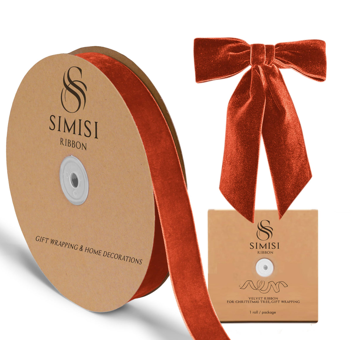 Burnt Orange Velvet Ribbon 1'' 25 Yards for Christmas Tree, Gift Wrapp