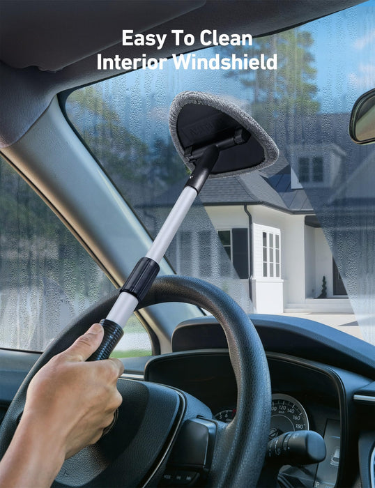 AstroAI Windshield Cleaner, Car Windshield Cleaning Tool Inside with 4 Reusable and Washable Microfiber Pads and Extendable Handle Auto Glass Wiper Kit, Gray