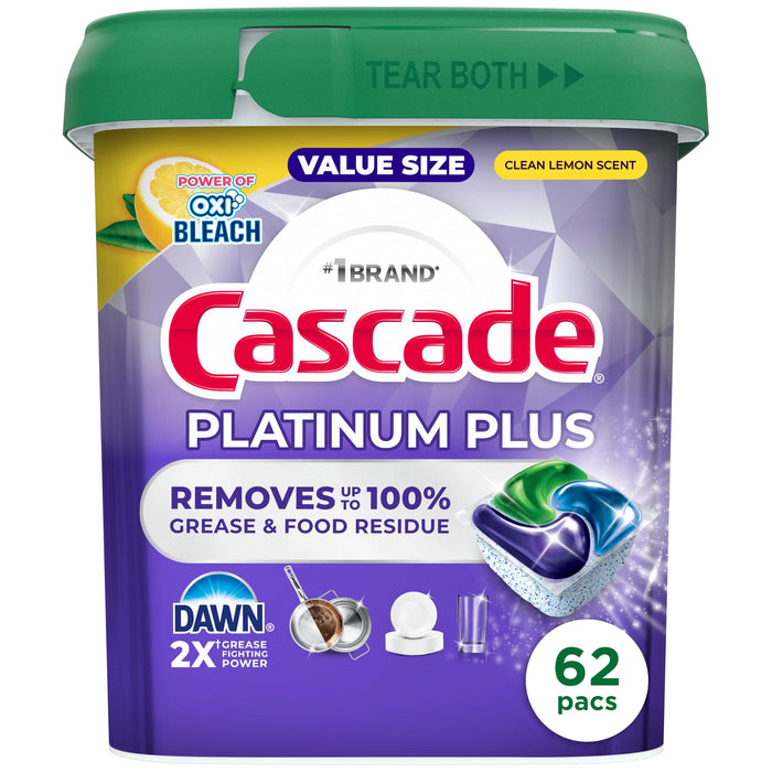 Cascade Platinum Plus Dishwasher Pods, Dish Detergent Soap, Clean Lemon Scent, 62 Count