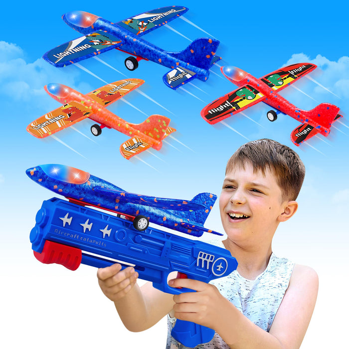 LJZJ 3 Pack Airplane Launcher Toys, 2 Flight Modes LED Foam Glider Catapult Plane, Outdoor Flying Toy for Kids, Birthday Gifts for Boy Girl 6+ Year Old, B-Day Party Supplies