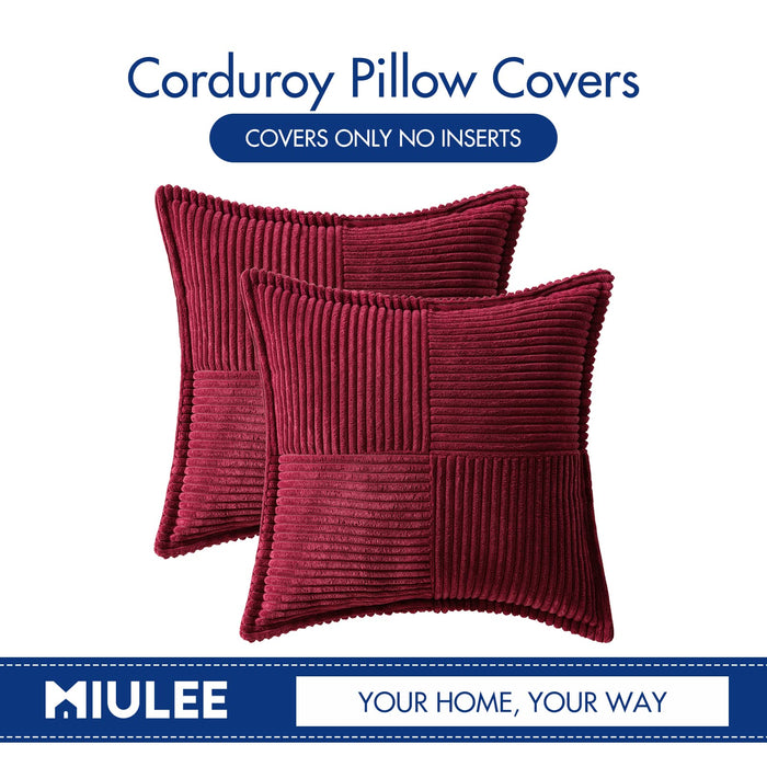 MIULEE Corduroy Pillow Covers with Splicing Set of 2 Super Soft Boho Striped Christmas Pillow Covers Broadside Decorative Textured Throw Pillows for Couch Cushion Bed Livingroom 18x18 inch, Burgundy