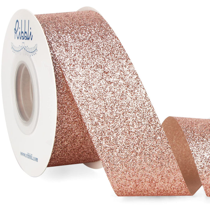 Ribbli Rose Gold Glitter Ribbon,Gift Wrapping Ribbon Rose Gold Cut Edge Christmas Ribbon for Crafts, Chritmas Tree Decoration,Ornaments Decoration,Home Decor, 1-1/2 Inch x 25 Yards