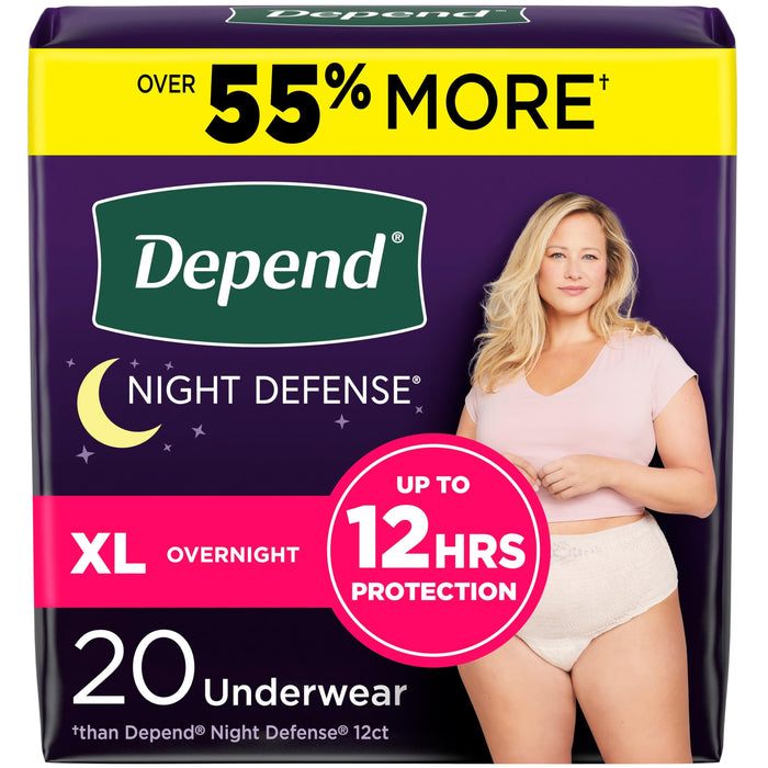 Depend Night Defense Adult Incontinence & Postpartum Bladder Leak Underwear for Women, Disposable, Overnight, Extra-Large, Blush, 20 Count, Packaging May Vary