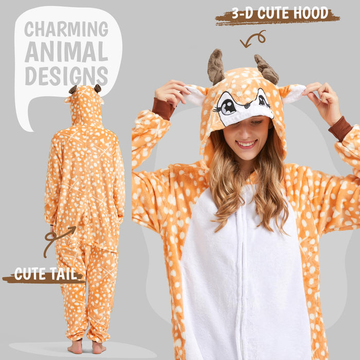 SISKIN Animal Onesie Adult - Deer Halloween Costumes for Women Men Couples Halloween Pajamas Cosplay Animal Onesies S