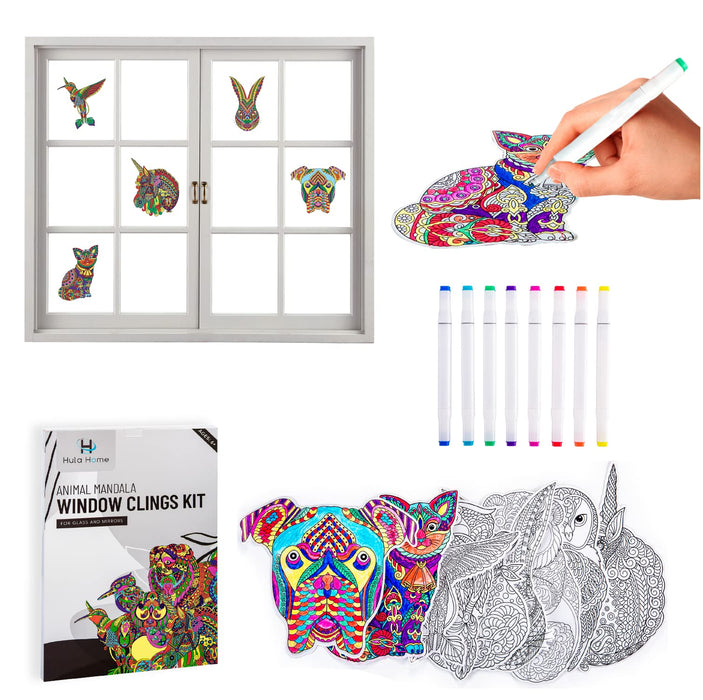 Hula Home Stained Glass Mandala Art Kit - Animal DIY Window Clings with Markers, 10 Suncatchers - Perfect Hobby for Adults, Kids, Teens & Seniors - Ideal Gift for Beginners, Women & Elderly