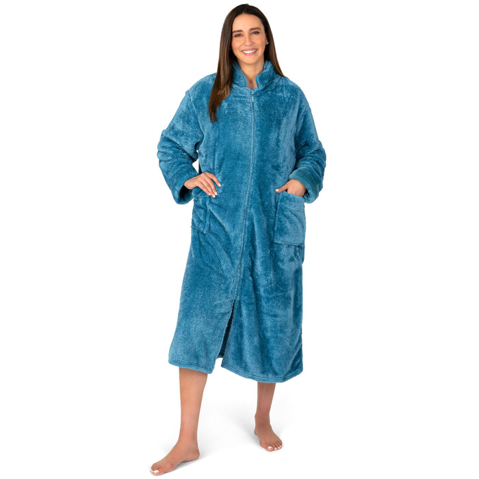 PAVILIA Womens Housecoat Zip Robe, Sherpa Zip Up Front Robe Bathrobe, Fuzzy Warm Zipper House Coat Lounger for Women Elderly with Pockets, Fluffy Fleece Long Plus Size, Teal Sea Blue (2X/3X)