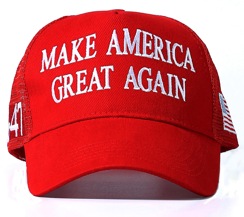 Trump 2024 45-47 MAGA Trucker Hat Make America Great Again Slogan with USA Flag Adjustable Baseball Cap Mesh Snap(Red MAGA Hat)