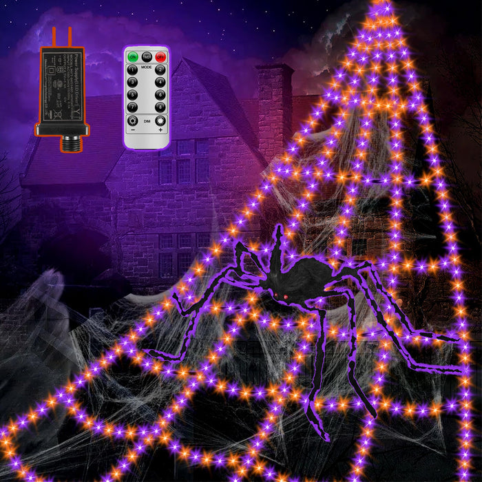 Spider Webs Halloween Decorations Lights - 550 LEDs Outdoor Giant Halloween Decor Lights with16.4ft,4ft Spider,8 Modes,Waterproof&Timer for Yard Porch Garden,Outside Party (with Spider)