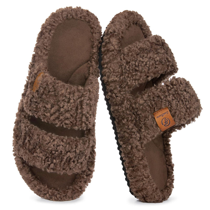 EverFoams Womens Fuzzy Open-toe Slippers Indoor Elegant Mocha, 7-8 US