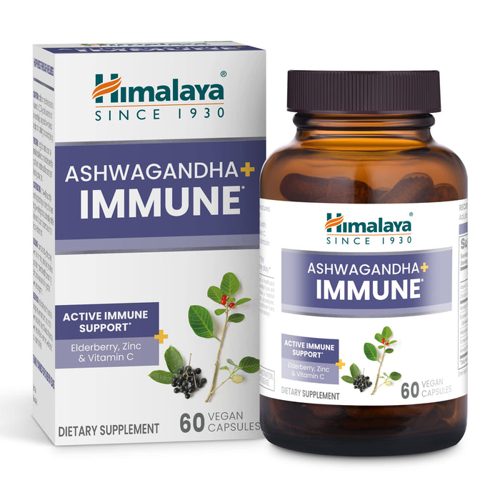 Himalaya Ashwagandha+ Immune with Ashwagandha, Elderberry, Zinc & Vitamin C for Active Immune Support, 60 Capsules, 1 Month Supply, Vegan, Gluten Free