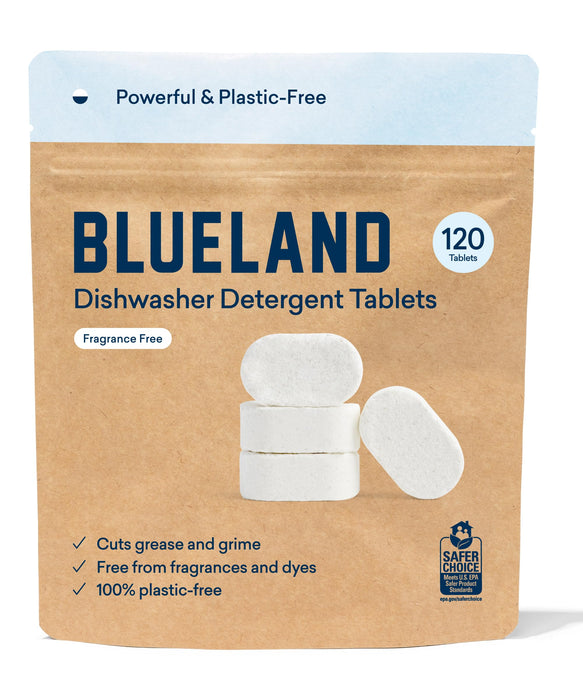 BLUELAND Plastic-Free Dishwasher Detergent Tablets, 120 Count, Unscented