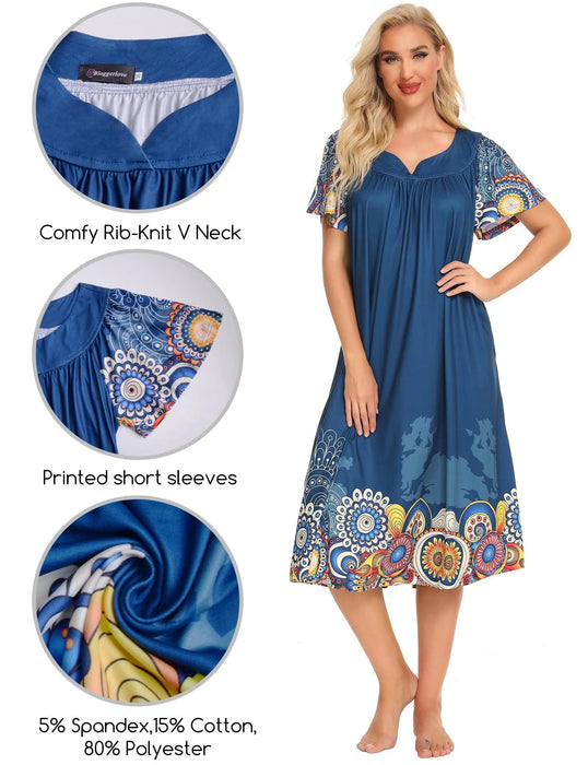 Bloggerlove Mandalas House Dresses for Women with Pockets Summer Mumu Duster Housecoat Women Elderly Robes Short Sleeve Patio Dress Nightgowns Cotton